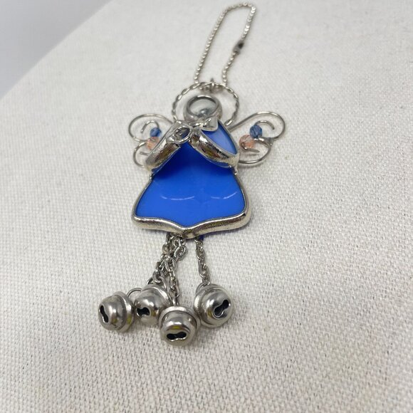 Stained Glass Guardian Angel Beaded Bells Hanging Suncatcher Ornament Vintage - Picture 3 of 9